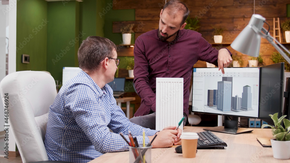 Poster Man architect explaining building construction structure to his engineer collegue developing new architectural prototype. Creativity team working in architecture industry planning technical maquette