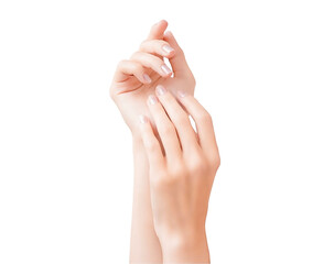 Female hands with a neat nude manicure isolated on a white background.