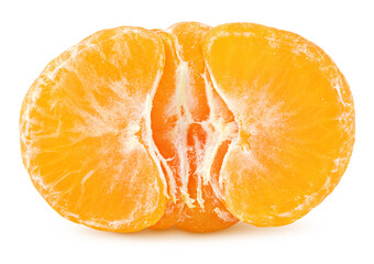 Ripe half of peeled mandarin or orange citrus fruit isolated on white background with clipping path