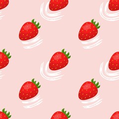 Seamless pattern with strawberries on a pink background. Brush stroke elements, grunge texture.