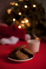 Fototapeta na wymiar A glass of milk and cookies for Santa Claus near Christmas tree 