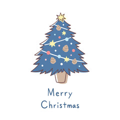 青色のクリスマスツリーと文字【Merry Christmas】