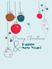 postcard Merry Christmas and Happy New Year. Christmas balls and paint splatter in stylish vector illustration for winter greeting card, illustration for posters and banners in pastel trendy colors.