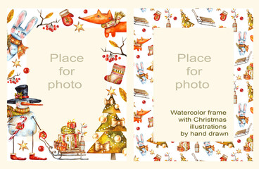 Watercolor frame with Christmas illustrations. Cute characters and elements