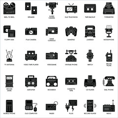 Black and white Retro Technology collection flat vector icon set