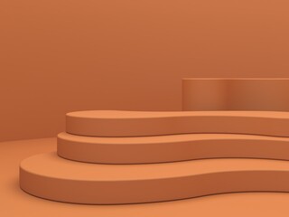 Abstract minimal scene with geometrical forms. Curved stairs in ocher colors. Abstract podium. Scene to show cosmetic podructs. Showcase, shopfront, display case. 3d render. 