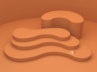Abstract minimal scene with geometrical forms. Curved stairs in ocher colors. Abstract podium. Scene to show cosmetic podructs. Showcase, shopfront, display case. 3d render. 