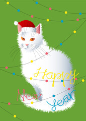 A bright New Year's card with the image of a fluffy white cat in a Santa Claus hat.