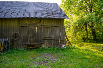 old countryside barn from wooden planks and concrete in rural area