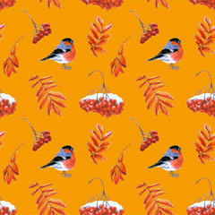 Seamless pattern of leaves and fruits of mountain ash and bullfinch drawn by markers on a orange background.  For fabric, sketchbook, wallpaper, wrapping paper.