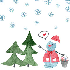 Watercolor snowman with gift and snowflake