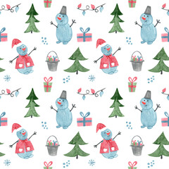 Winter watercolor seamless pattern with snowman