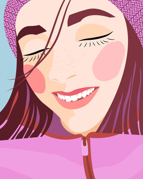 An illustration depicting a portrait of a cute smiling girl in winter clothes. A fashionable postcard or cover.