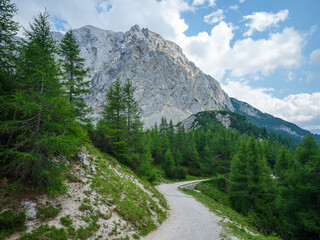 Fototapeta na wymiar summer mountain tops and peaks under blue cloudy sky in Slovenia national Triglav park