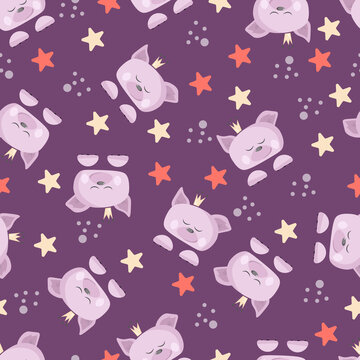 Seamless pattern with sleeping dog and stars 