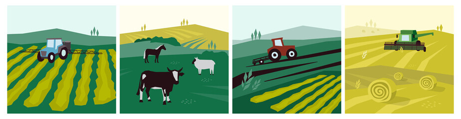 Agriculture, farm animals, tractor, combine harvester, livestock illustration. Farming field, cultivated land, hayfield. Vector set of agricultural industry banners. Irrigating, plowing, harvest scene