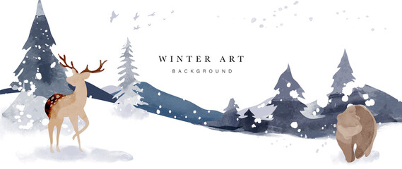 Winter background vector. Hand painted watercolor and gold brush texture, Mountain with snow, pine forest and deer hand drawing. Design for wallpaper, wall arts, cover, wedding and  invite card.