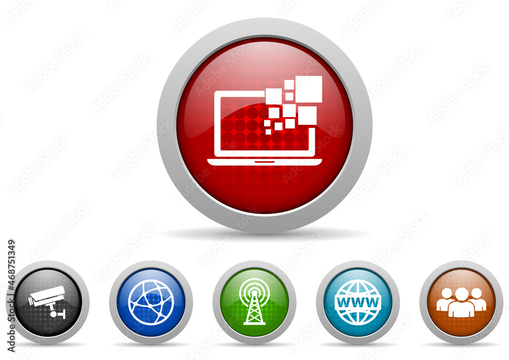 Poster web design, technology concept icon set, internet and social media buttons