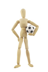 Wooden mannequin with soccer ball isolated on white background. Football player concept.