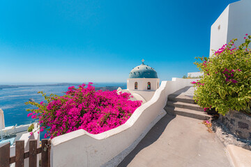 Famous traditional blue dome church and flowers in Santorini Island, Greece