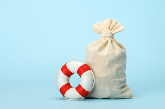 Money Bag And Lifebuoy On A Blue Background