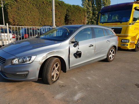 HOBOKEN, BELGIUM - Sep 18, 2018: Blue Volvo V60 Car After The Car Crash Accident