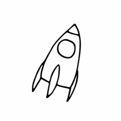 Line space doodle sticker. Flying rocket isolated on white background. Outline astronomical object. Spaceship symbol of travel, education, scientific discovery, launch. Vector science illustration