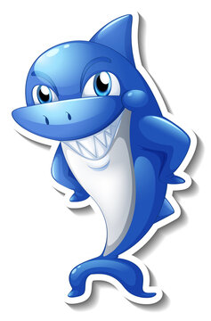 Funny blue shark cartoon character sticker