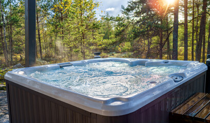 A warm hot tub in a beautiful forest landscape at sunset. You can relax outdoors in nature while...