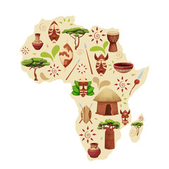 Africa map silhouette with ethnic elements in cartoon style. Tribal ornaments on shields, masks, nature objects baobab tree, Savannah acacia.
