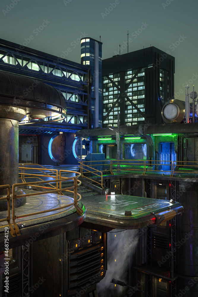 Poster portrait format 3d rendering of a dark moody cyberpunk city high rise urban environment with landing