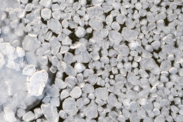 abstract texture of broken white ice and dark blue water. View of the ice from a drone. background of the frozen surface of a clean lake or river