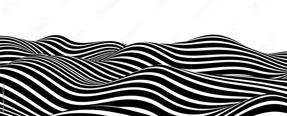 Poster optical illusion curve wave. abstract vector background with black and white lines. pattern distorte