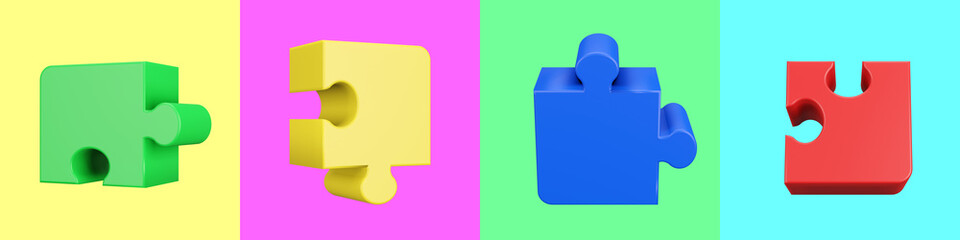 Jigsaw puzzle in action. Symbol of team work, strategy, solution, connection. Business concept. 3D render illustration. Clipping path of each element included.