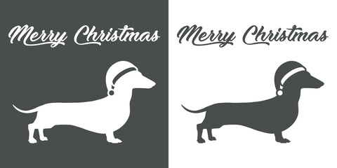 Banner con frase Merry Christmas con silueta de perro de raza dachshund con sombrero de Papá Noel en fondo gris y fondo blanco
