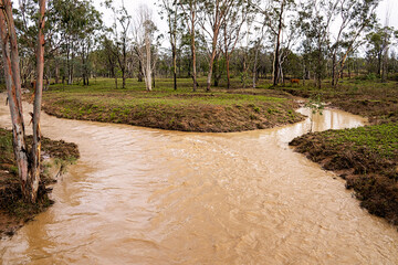 Fototapeta na wymiar Small flooding creek or river after some drought breaking rain in Western Queensland, Australia.