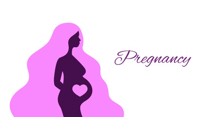 Obraz na płótnie Canvas Silhouette of pregnant woman in profile isolated. Young expectant mother with long hair logo. Pregnancy text. Vector illustration