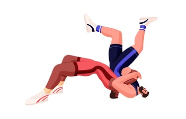 Freestyle wrestlers fighting, competing in championship battle. Fighters wrestling. Athlete attacking opponent to make him fall down. Flat vector illustration of sparing isolated on white background