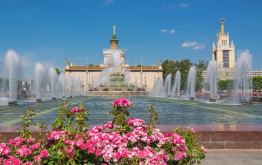 Summer landscape with a fountain and roses at VDNKh in Moscow