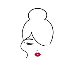 Elegant logo for beauty products or beauty salons. Line woman portrait with bright lips.