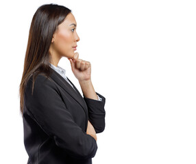 Profile view of young mixed ethnicity businesswoman thinking isolated against white background with...