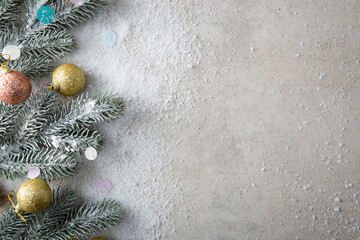 Christmas concept branches and snow top view and copy space seasonal background