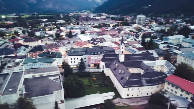 Lienz, Austria. Aerial view of city skyline from a drone at night