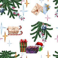 Seamless Christmas pattern gift boxes with bow, decorated fir branch, stars, bells, letters, sweets. New Year watercolor