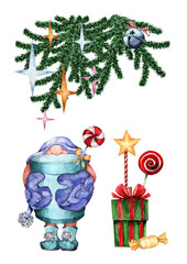 A cute gnome holds a mug with a drink, a box with gifts, sweets, a decorated spruce twig. Watercolor hand drawn illustration white background with stars. Christmas card for congratulations, invitation