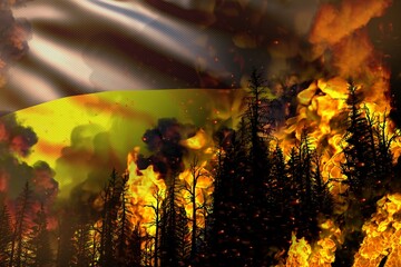 Big forest fire fight concept, natural disaster - heavy fire in the trees on Ukraine flag background - 3D illustration of nature