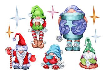 New Year's set of Scandinavian gnomes in warm clothes, Santa Claus, stars. Hand-drawn watercolor white background. Composition of isolated characters. Christmas cards, invitation, print, banner.