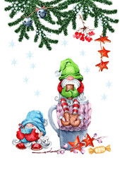 Two Scandinavian gnomes with mugs of a delicious drink, branches with rowan berries, mistletoe, a spruce twig decorated with garlands. Hand-drawn watercolor white background. Christmas greeting card.