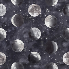 Aquarel naadloze patroon van maanstanden. Verschillende fasen van de maan op de achtergrond van de sterrenhemel. Een symbool van een nieuw begin, droom, magie. Hand getekende maan aquarel illustratie.
