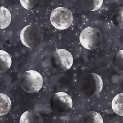 Fotobehang Nasa Aquarel naadloze patroon van maanstanden. Verschillende fasen van de maan op de achtergrond van de sterrenhemel. Een symbool van een nieuw begin, droom, magie. Hand getekende maan aquarel illustratie.